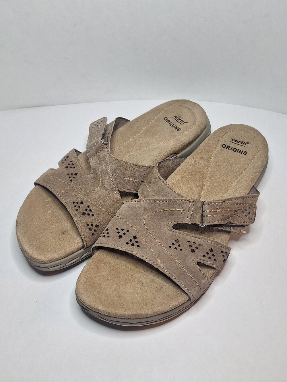 Earth Origins Slide Sandals Women’s Size US 7.5 M Brown Gray Suede Hook And Loop